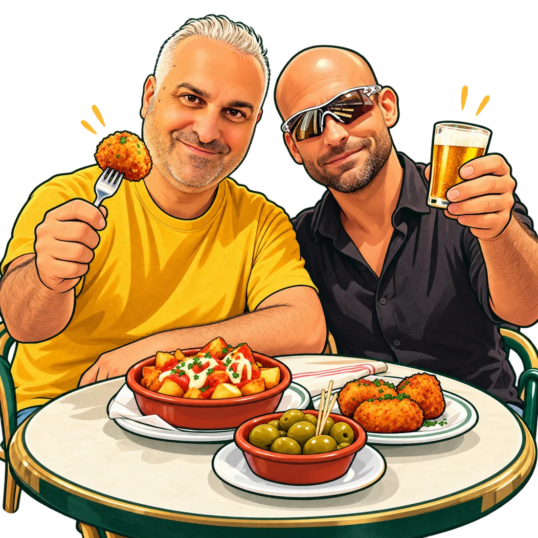 Caricatura de Óscar y Álex compartiendo tapas